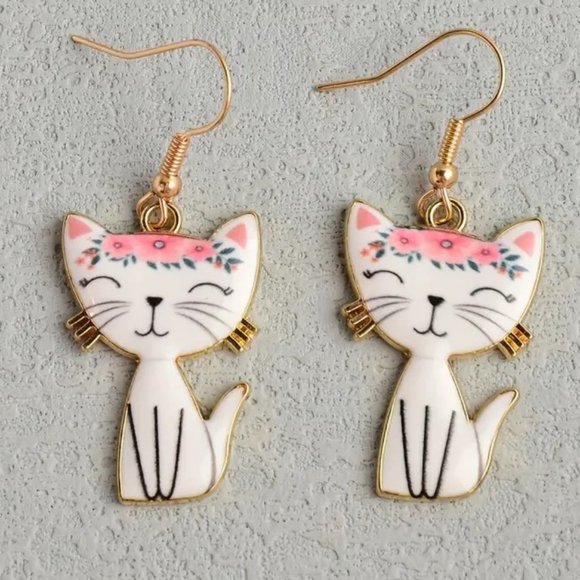 Cat Earrings Enamel Dangle Kitty Pink Flowers Drop Stylish Cute Unique Trendy - Picture 2 of 3